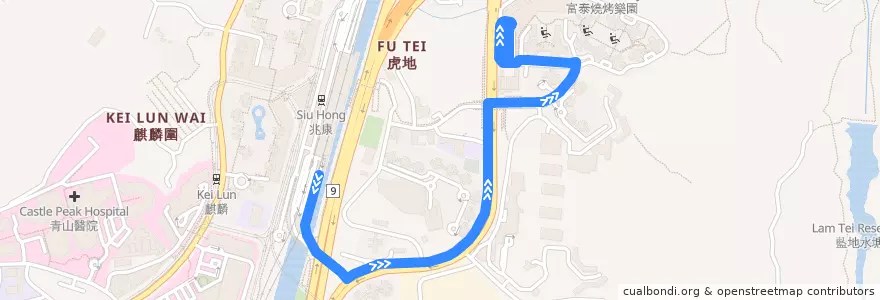 Mapa del recorrido 港鐵巴士K51綫 MTR Bus K51 (兆康站（南） Siu Hong Station (South) → 富泰 Fu Tai) de la línea  en 屯門區 Tuen Mun District.