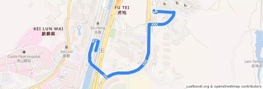 Mapa del recorrido 港鐵巴士K51綫 MTR Bus K51 (富泰 Fu Tai → 兆康站（南） Siu Hong Station (South)) de la línea  en 屯門區 Tuen Mun District.