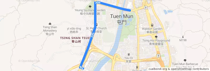 Mapa del recorrido 港鐵巴士506綫 MTR Bus 506 (富健花園 Glorious Garden → 屯門站 Tuen Mun Station) de la línea  en 屯門區 Tuen Mun District.