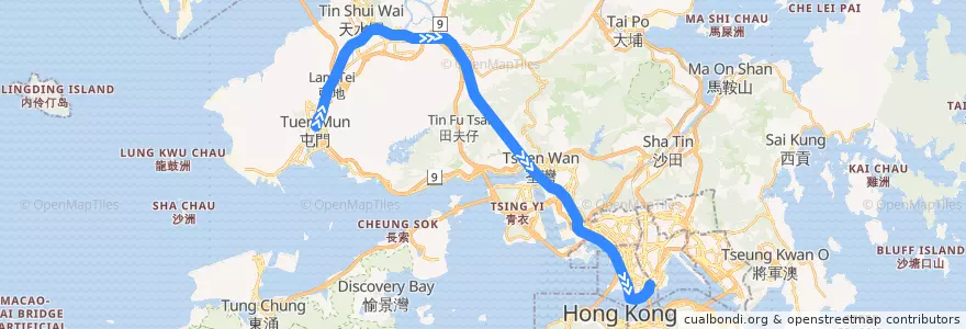 Mapa del recorrido 西鐵綫 West Rail Line (屯門 Tuen Mun → 紅磡 Hung Hom) de la línea  en 新界 New Territories.