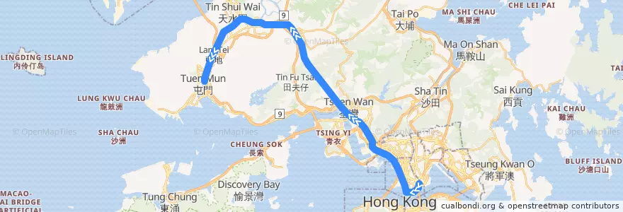 Mapa del recorrido 西鐵綫 West Rail Line (紅磡 Hung Hom → 屯門 Tuen Mun) de la línea  en Novos Territórios.