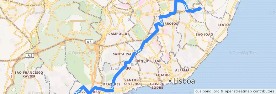 Mapa del recorrido Bus 720: Alto de Santo Amaro → Picheleira de la línea  en Lizbon.