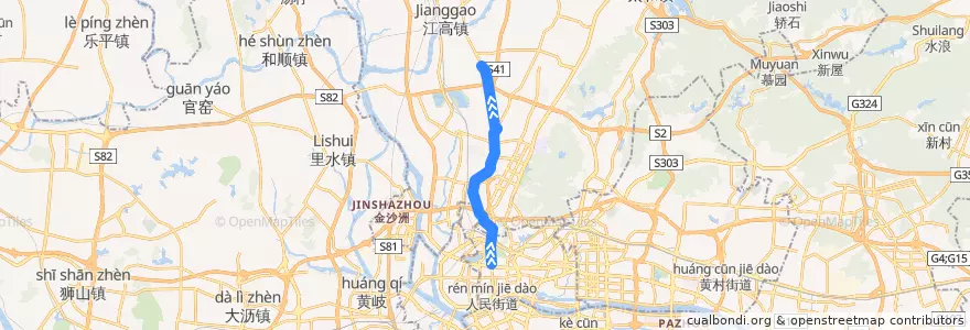 Mapa del recorrido 21路[解放北路(应元路口)总站-平沙村(平沙公园)总站] de la línea  en Baiyun District.