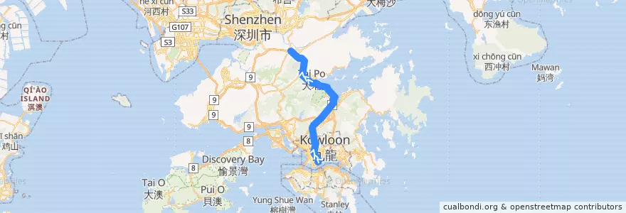 Mapa del recorrido 東鐵綫 East Rail Line (紅磡 Hung Hom → 上水 Sheung Shui (經馬場 via Racecourse)) de la línea  en الأقاليم الجديدة.