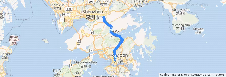 Mapa del recorrido 東鐵綫 East Rail Line (旺角東 Mong Kok East → 羅湖 Lo Wu) de la línea  en 신제.