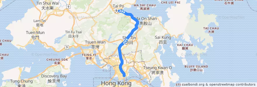 Mapa del recorrido 東鐵綫 East Rail Line (大埔墟 Tai Po Market → 紅磡 Hung Hom) de la línea  en 新界 New Territories.