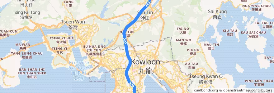 Mapa del recorrido 東鐵綫 East Rail Line (火炭 Fo Tan → 紅磡 Hung Hom) de la línea  en 新界 New Territories.