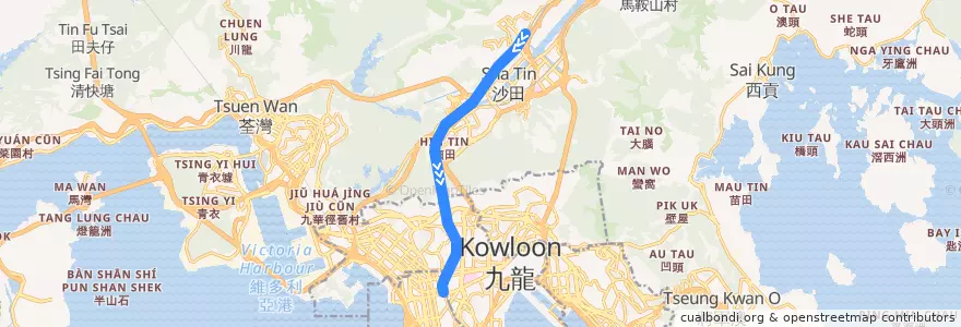 Mapa del recorrido 東鐵綫 East Rail Line (火炭 Fo Tan → 旺角東 Mong Kok East) de la línea  en 신제.