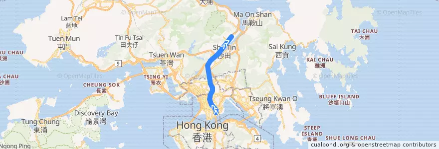Mapa del recorrido 東鐵綫 East Rail Line (紅磡 Hung Hom → 馬場 Racecourse) de la línea  en 新界 New Territories.
