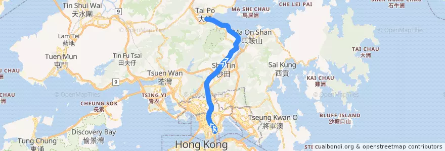 Mapa del recorrido 東鐵綫 East Rail Line (紅磡 Hung Hom → 大埔墟 Tai Po Market (經馬場 via Racecourse)) de la línea  en Nuovi Territori.