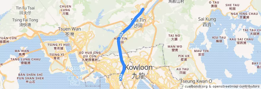 Mapa del recorrido 東鐵綫 East Rail Line (旺角東 Mong Kok East → 火炭 Fo Tan) de la línea  en Yeni Bölgeler.