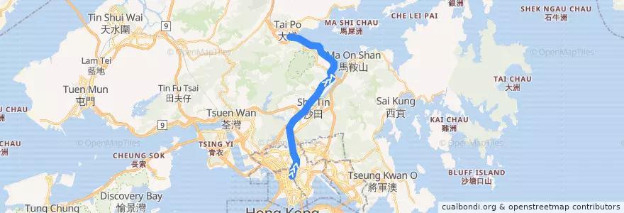 Mapa del recorrido 東鐵綫 East Rail Line (旺角東 Mong Kok East → 大埔墟 Tai Po Market) de la línea  en الأقاليم الجديدة.