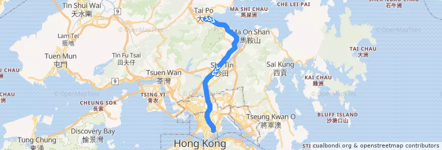 Mapa del recorrido 東鐵綫 East Rail Line (大埔墟 Tai Po Market → 紅磡 Hung Hom (經馬場 via Racecourse)) de la línea  en Nuovi Territori.