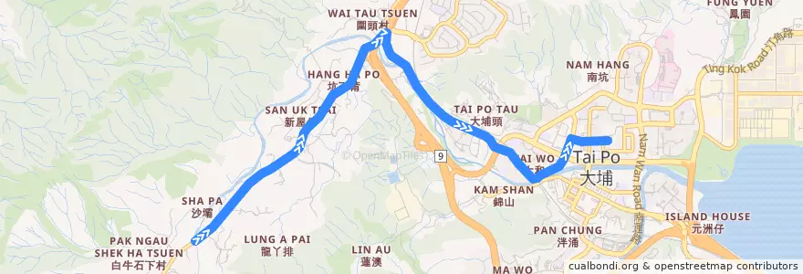 Mapa del recorrido 九巴65K線 KMB 65K (嘉道理農場 Kadoorie Farm → 大埔中心 Tai Po Central) de la línea  en 大埔區 Tai Po District.