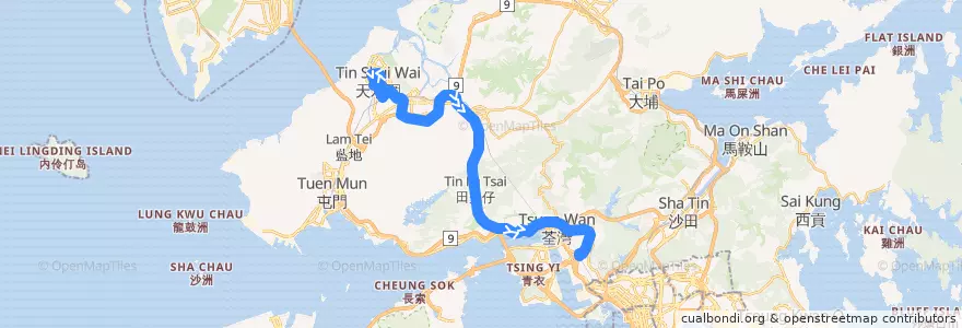 Mapa del recorrido 九巴69M線 KMB 69M (天水圍市中心 Tin Shui Wai Town Centre → 葵芳站 Kwai Fong Station) de la línea  en Nouveaux Territoires.