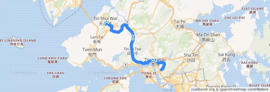 Mapa del recorrido 九巴69P線 KMB 69P (天耀 Tin Yiu → 葵芳站 Kwai Fong Station) de la línea  en 新界.