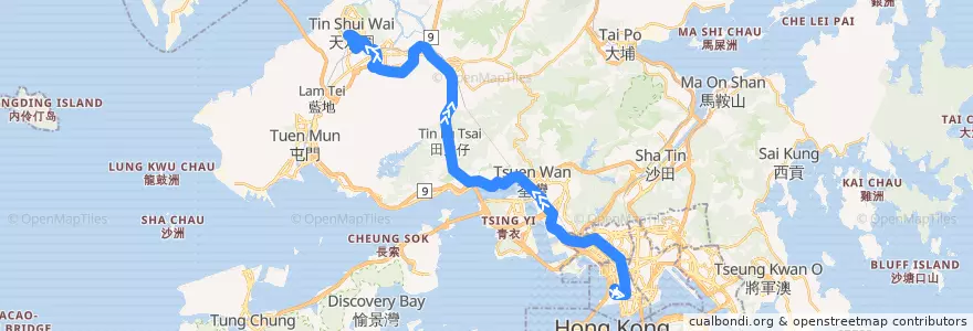 Mapa del recorrido 九巴69X線 KMB 69X (西九龍站 West Kowloon Station → 天瑞 Tin Shui) de la línea  en 新界.