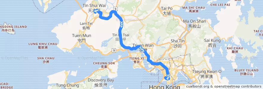 Mapa del recorrido 九巴69X線 KMB 69X (天耀 Tin Yiu → 西九龍站 West Kowloon Station) de la línea  en 新界.
