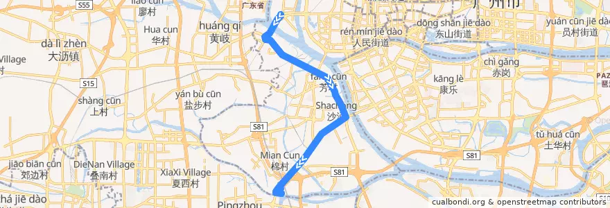 Mapa del recorrido 19路(桥中总站-岭南V谷总站) de la línea  en Liwan District.