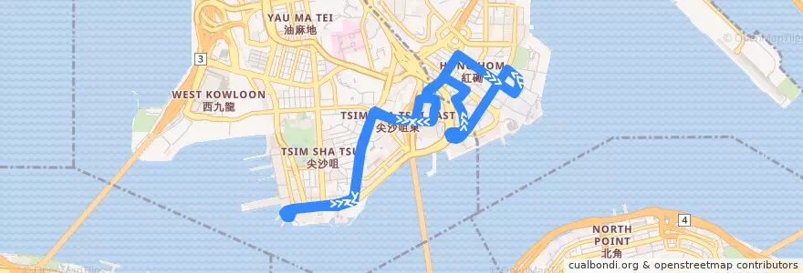 Mapa del recorrido 九巴8A線 KMB 8A (黃埔花園 Whampoa Garden ↺ 尖沙咀碼頭 Star Ferry) de la línea  en 신제.