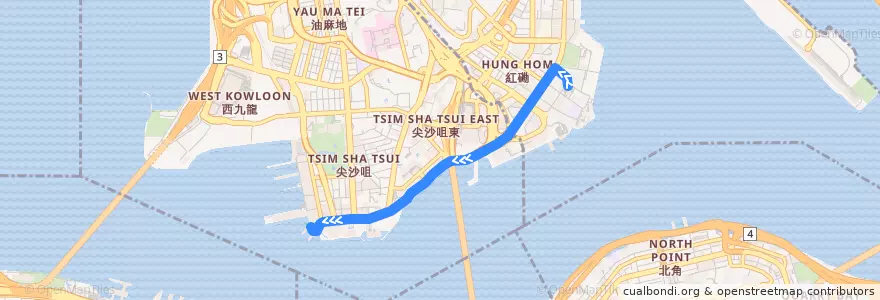 Mapa del recorrido 九巴8P線 KMB 8P (黃埔花園 Whampoa Garden → 尖沙咀碼頭 Star Ferry) de la línea  en Wilayah Baru.