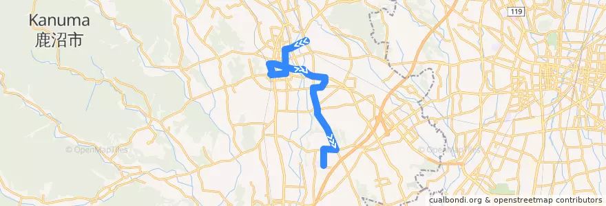 Mapa del recorrido 鹿沼駅⇒公設市場⇒鹿沼南高校 de la línea  en Kanuma.