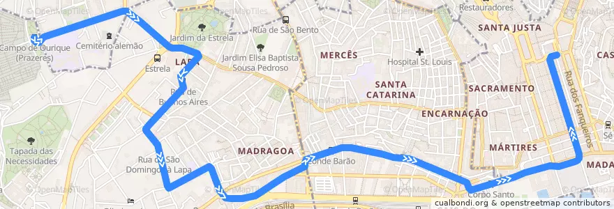 Mapa del recorrido 25E: Campo de Ourique (Prazeres) → Praça da Figueira de la línea  en Lizbon.