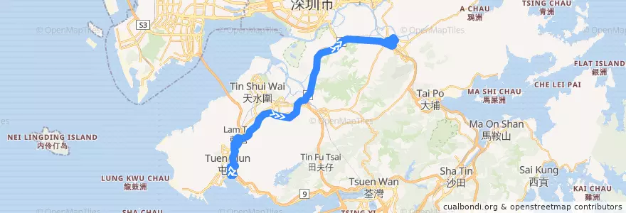 Mapa del recorrido 九巴261線 KMB 261 (三聖 Sam Shing → 天平邨 Tin Ping Estate) de la línea  en Nuovi Territori.