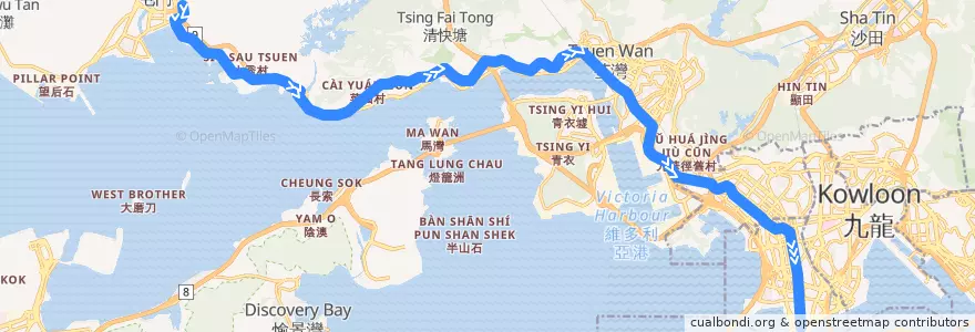Mapa del recorrido 九巴252B線 KMB 252B (恆順園 Handsome Court → 尖沙咀 Tsim Sha Tsui) de la línea  en Nuevos Territorios.