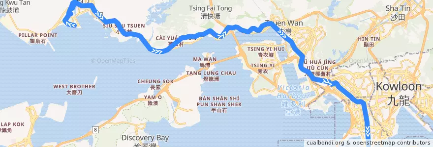 Mapa del recorrido 九巴259B線 KMB 259B (屯門碼頭 Tuen Mun Pier Head → 尖沙咀 Tsim Sha Tsui) de la línea  en 신제.