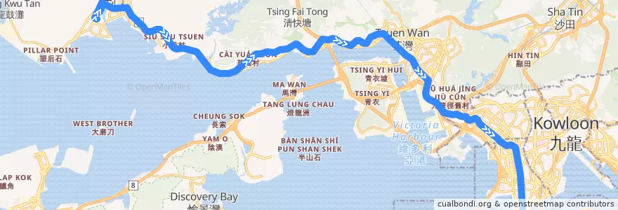 Mapa del recorrido 九巴259C線 KMB 259C (新屯門中心 Sun Tuen Mun Centre → 尖沙咀 Tsim Sha Tsui) de la línea  en Nuevos Territorios.
