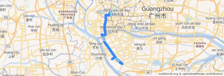 Mapa del recorrido 31路[南石西总站-解放北路(应元路口)总站] de la línea  en 广州市.