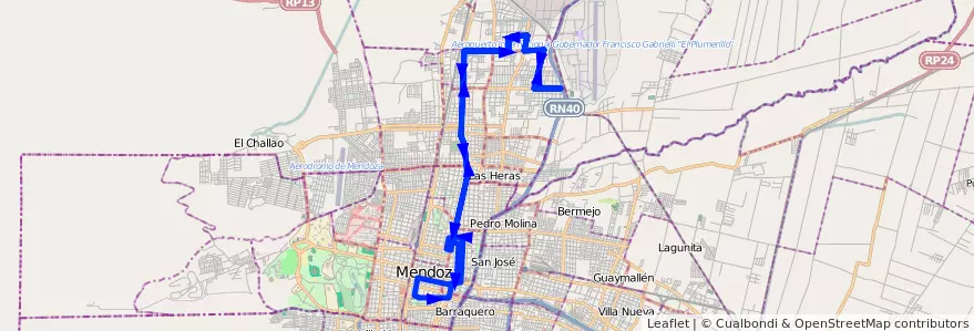 Mapa del recorrido 66 - Dorrego - Matheu de la línea G06 en Mendoza.