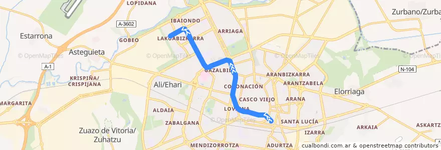 Mapa del recorrido T1 (Angulema → Ibaiondo) de la línea  en Vitoria-Gasteiz.