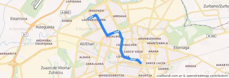 Mapa del recorrido T1 (Ibaiondo → Angulema) de la línea  en Vitoria-Gasteiz.