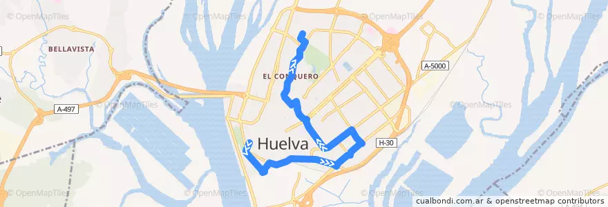 Mapa del recorrido Línea 6: Zafra => Orden Alta de la línea  en Huelva.