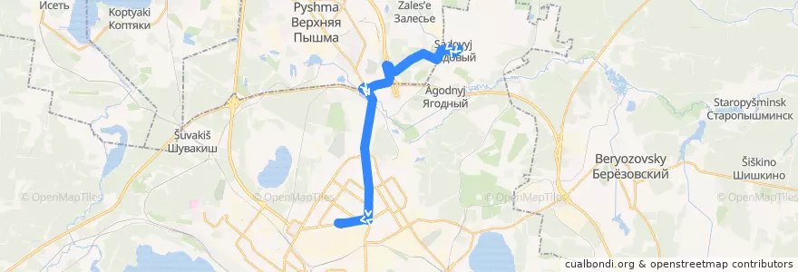 Mapa del recorrido Автобус 56. Посёлок Садовый - УЗТМ de la línea  en Oblast de Sverdlovsk.