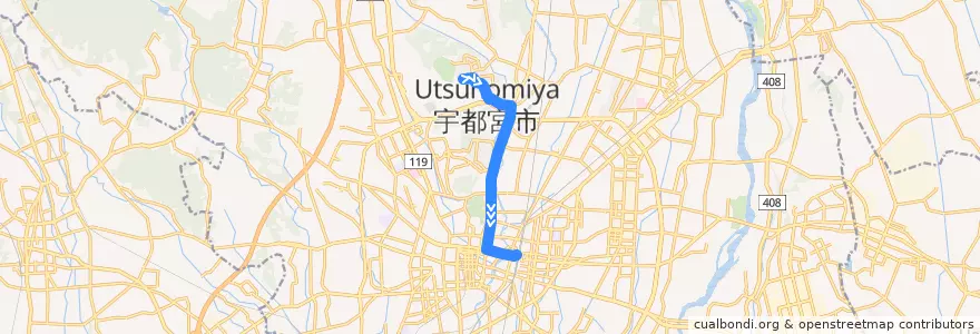 Mapa del recorrido 帝京大学⇒宇都宮駅 de la línea  en Utsunomiya.