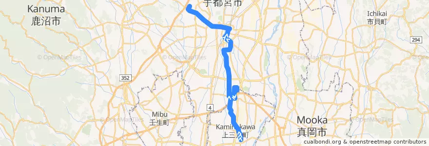 Mapa del recorrido 関東自動車バス[10] 上三川車庫⇒インターパーク⇒駒生営業所 de la línea  en Tochigi Prefecture.