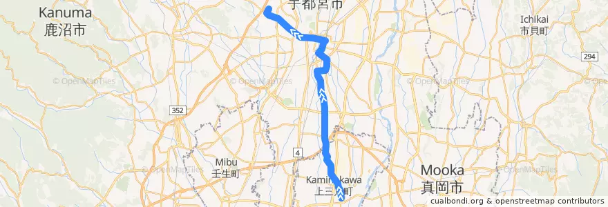 Mapa del recorrido 関東自動車バス[10] 上三川車庫⇒屋板⇒駒生営業所 de la línea  en Prefectura de Tochigi.