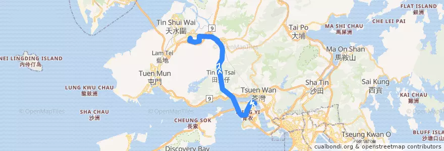 Mapa del recorrido 九巴68E線 KMB 68E (青衣站 Tsing Yi Station → 元朗公園 Yuen Long Park) de la línea  en New Territories.