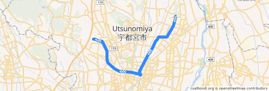 Mapa del recorrido 関東自動車バス[55] 奈坪台⇒宝木団地 de la línea  en Utsunomiya.