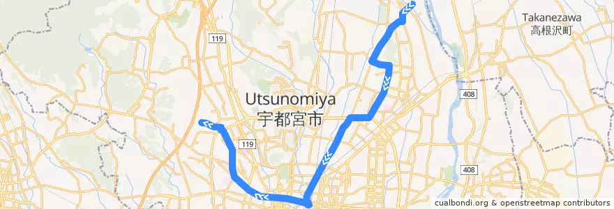 Mapa del recorrido 関東自動車バス[55] 白沢河原⇒奈坪台⇒宝木団地 de la línea  en 宇都宮市.