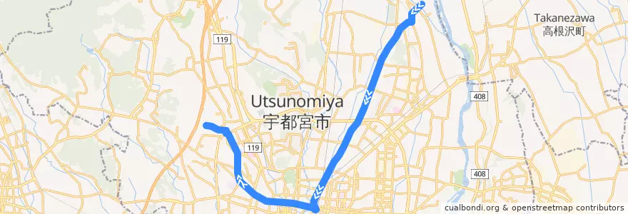 Mapa del recorrido 関東自動車バス[55] 白沢河原⇒宝木団地 de la línea  en Utsunomiya.