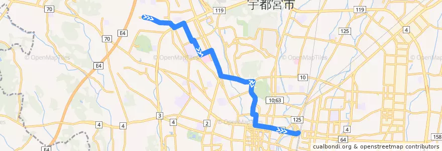 Mapa del recorrido 関東自動車バス[54] 宝木団地⇒西塙田⇒宇都宮駅 de la línea  en 宇都宮市.
