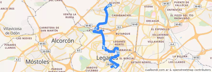 Mapa del recorrido 483 Madrid (Aluche) - Leganés (Vereda de los Estudiantes) de la línea  en Área metropolitana de Madrid y Corredor del Henares.