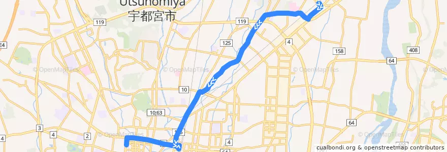 Mapa del recorrido 東野交通バス 岡本駅⇒御幸ヶ原元町⇒宇都宮東武 de la línea  en Utsunomiya.