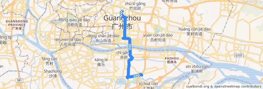 Mapa del recorrido 45路(广州火车东站总站-小洲总站) de la línea  en 広州市.