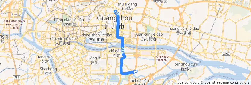 Mapa del recorrido 45路(小洲总站-广州火车东站总站) de la línea  en Guangzhou City.