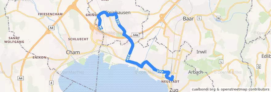 Mapa del recorrido Bus 16: Steinhausen, Zugerland EKZ => Zug, Metalli/Bahnhof de la línea  en Zug.